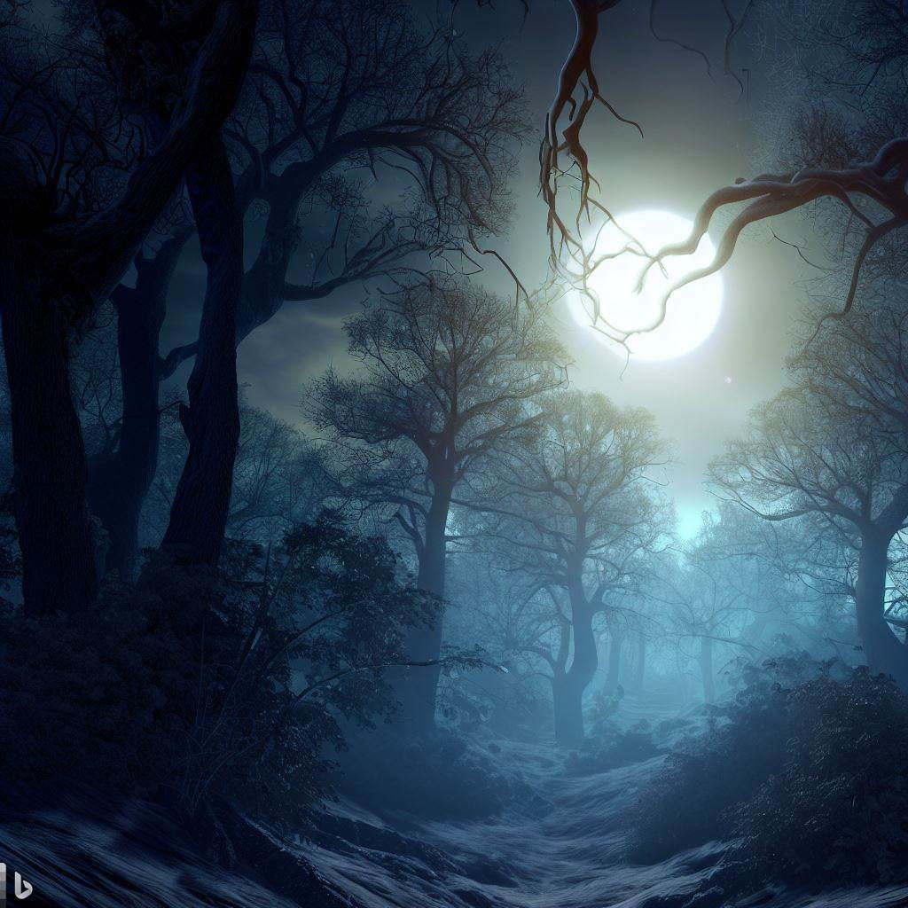 Menacing mountain winter forest with oak trees, maple trees, ash trees, vines, and bright moon at night gently lighting the trees, photorealistic